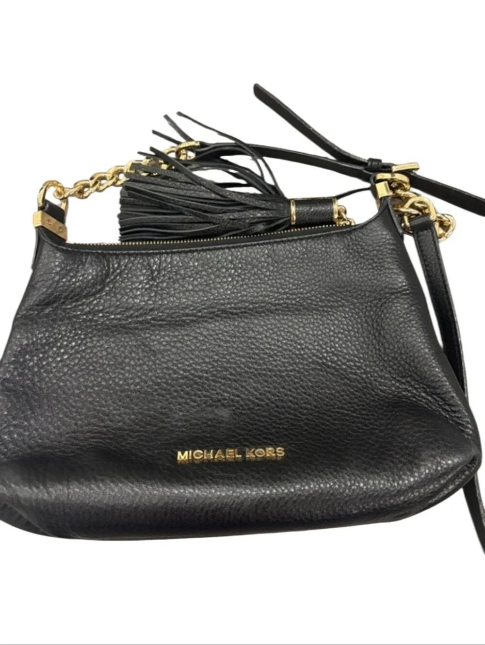 Michael Kors Black Pebbled Leather Shoulder Bag with Gold Chain and Tassel